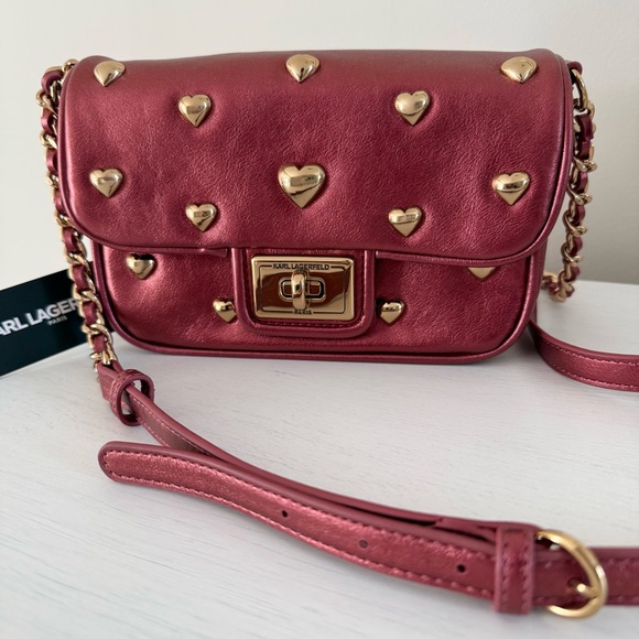 Karl Lagerfeld Handbags - Karl Lagerfeld Metallic Burgundy Heart Flap Bag
